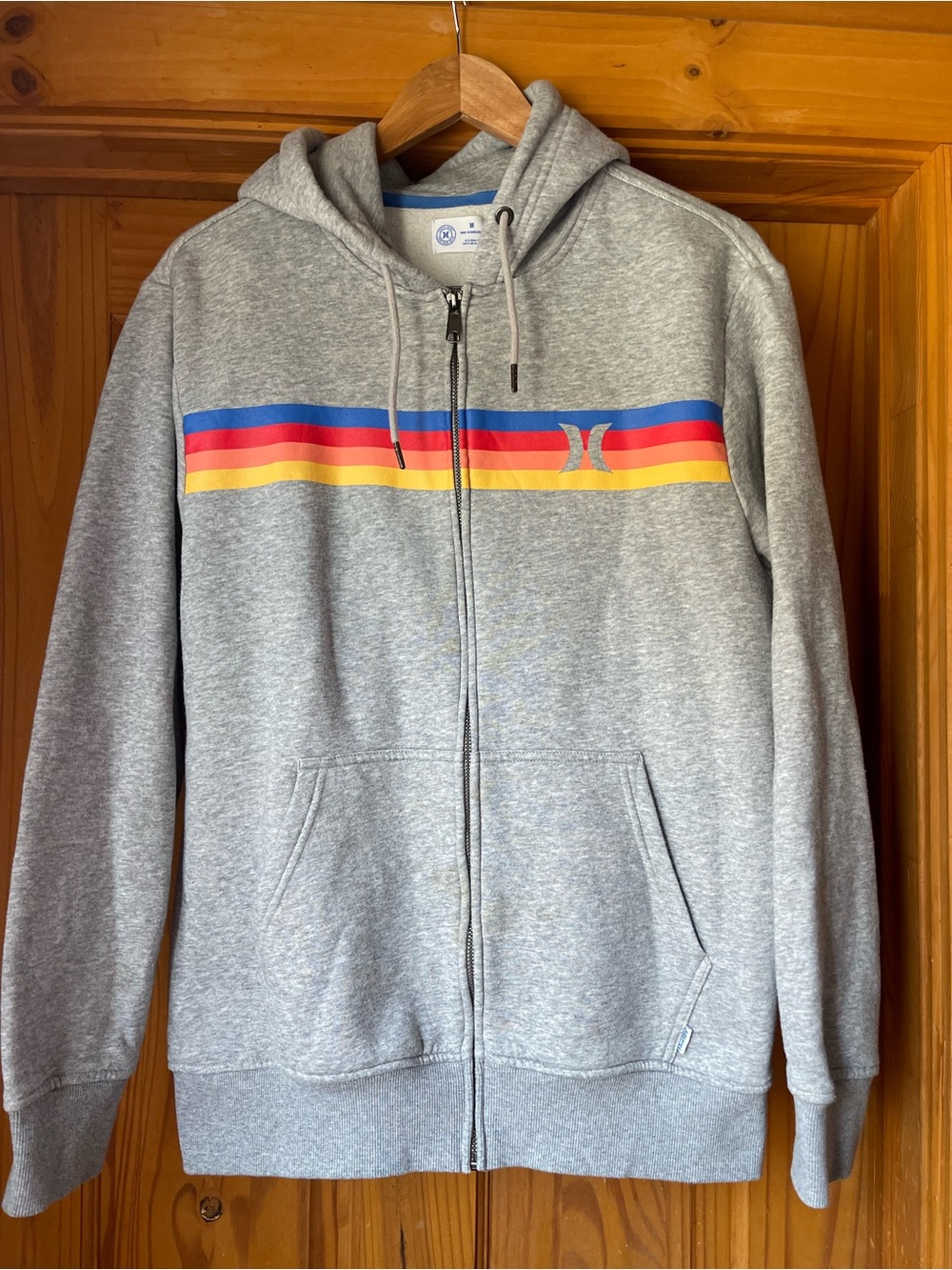 Hurley Gray Full-Zip Hoodie with Blue, Red and Yellow Stripes